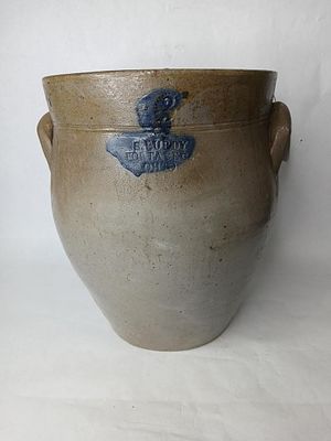 S. Purdy 3 Gallon Ovoid Crock. Cobalt blue smear to stamping. Portage Co. Ohio stoneware. A 
