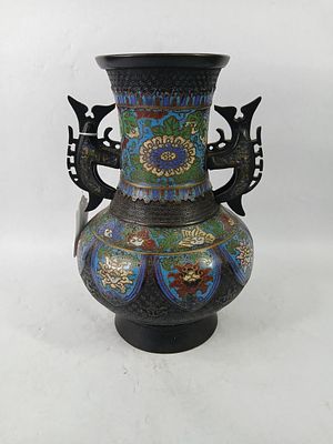 Japanese Meiji Era Bronze Champleve Vase. Enamel detail with two creature like handles. 12 