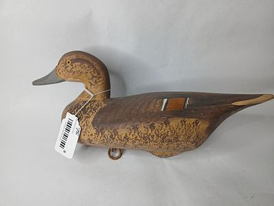 Signed Hand Painted Wooden Pin Tail Duck Decoy. Signed Paul Gibson, 1970. 16 inches long