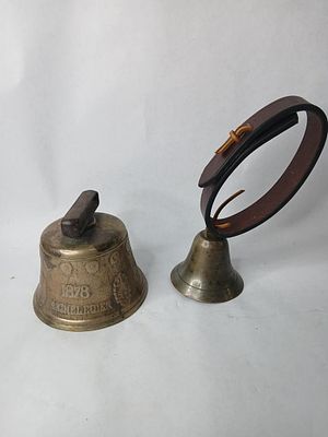 Swiss Brass Cow Bell & Calf Collar. Brass bell embossed 1878.