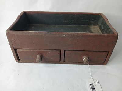 Primitive 2 Drawer Deep Shelf Caddy. Red painted with a swirled pattern, 14x7x6