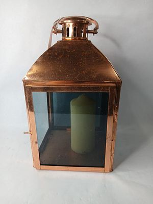 Copper Candle Lantern. Missing one glass panel. 15x8x8