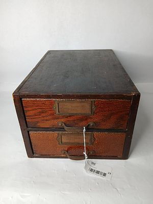 Bifocal Lense 2 Drawer Catalog. Oak cabinet featuring two tin lined drawers. Including many new 