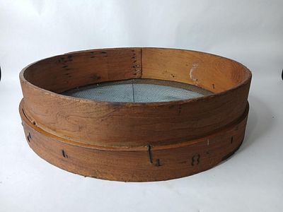 Bent Wood Early Grain Sifter. Stamper 8, 17.5x4.5, with metal screen.