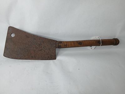Tiger Maple Handled Meat Cleaver. Blade shows some putting and surface rusting 9x5.5 with a 12 