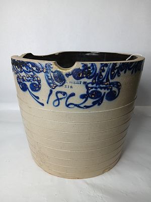 1862 Decorated Stoneware Vessel. Appears to be the bottom half of a water crock. Stamped Summit 