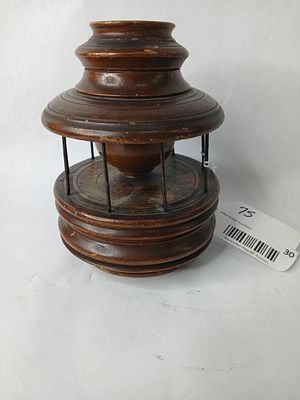 Lidded Peaseware Sewing Caddy Spool Holder. Several sections of storage, Top lid shows a chip to 