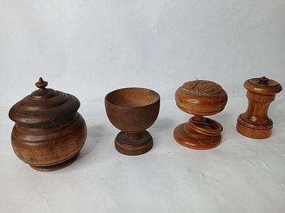 Treenware Cups, Pin Cushion, and Spice Grinder. One shows chipping to rim. From 2.5 to 3 inches tall.