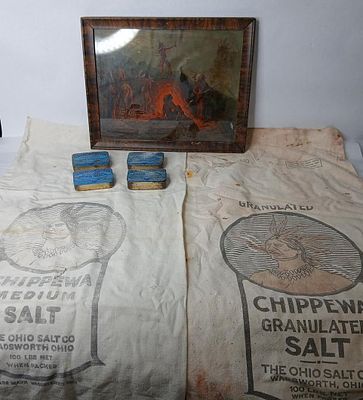 Burning Arrow Print, Tobacco Tins, & Chippewa Salt Bags. Native American Chief images to salt 