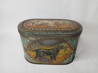Hunting Dog Litho Advertising Tin. Dog images to all sides and top. 7x4x4