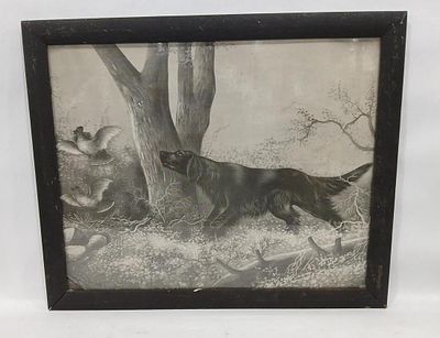 Early Framed Hunting Dog Print. Showing crack to glass in bottom left corner as shown in 