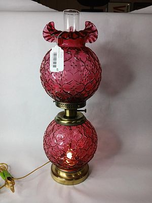 Fenton Cranberry Spanish Lace Gone with the Wind Lamp. Electric lamp with a cranberry glass body 
