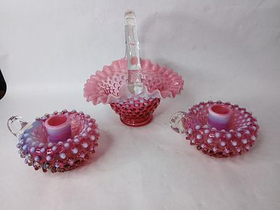 Fenton Cranberry Hobnail Candle Holders & Basket. All are free of chips or cracks.