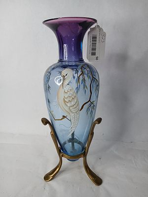 Fenton Mystical Bird Amphora Vase. Wonderfully hand painted Signed on bottom, 950/1250 with 