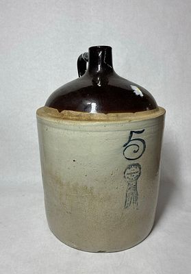 5 Gallon Blue Ribbon Brand Crock Jug. Buckeye Pottery Co. No large cracks but minor chips along 