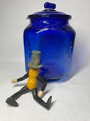Cobalt Blue Glass Planters Peanut Jar & Wooden Mr Peanut. Embossed sides and featuring a peanut 