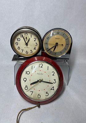 Big Ben & Other Early Clocks. Westclox Big Ben, National TIme electric wall clock, and Hammond 