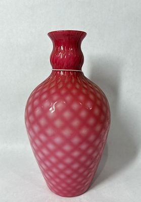 Satin GLass Quilted Cranberry Vase. 8.5 inches tall. No chips or cracks