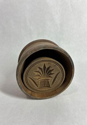 Primitive Wheat Wooden Butter Mold. Two piece mold. 5 inches in diameter