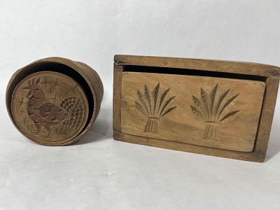 Early Wooden Butter Molds. Wheat and Rooster Patterns
