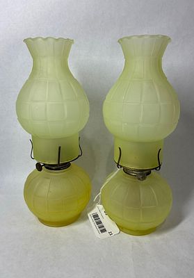 Exceptionally Rare Uranium Oil Lamp Pair. Both fantastic oil lamps have matching shades and 