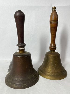 Pair of Brass Teacher Bells. Both are in good condition with loud diners and wooden handles. 9.5 