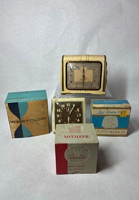 Old Bedside Alarm Clocks. Lux and Westclox. Several clocks are in original boxes. Apollo Mark II 