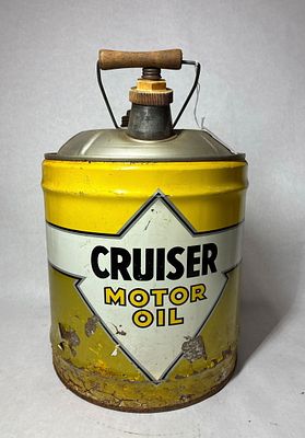 Cruiser Motor Oil 5 Gallon Can. Areas of peeling paint along bottom edge