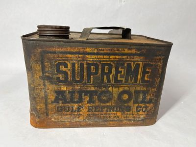 Supreme Auto Oil Gulf Can. Some fading to all sides and discoloration. 9x5.5x5.5