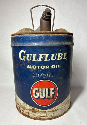 Gulf Lube Motor Oil Can. 5 gallon can, showing some minor surface rusting