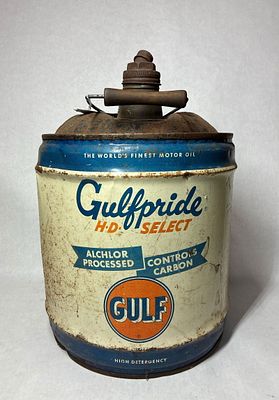 Gulfpride HD Motor Oil Can. 5 Gallon. Shows several dents and minor surface rust spots