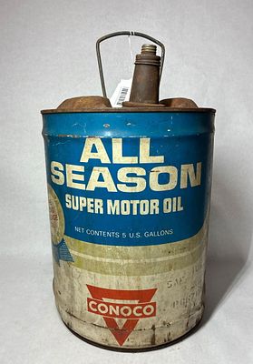 Conoco All Season Super Motor Oil 5 Gallon Can. Good condition with some spotting to top