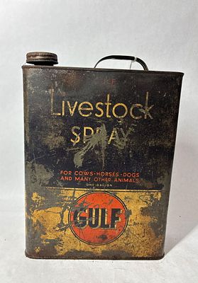 Gulf Livestock Spray Tin Can. One gallon can. Shows some scuffing as well as surface spotting. 10x8x3