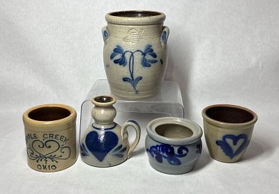 Salt Glazed Decorated Pottery. Rowe Pottery crock, Beaumont pottery, Maple City pottery, and an 