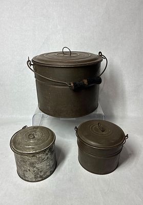Large & Small Miners Lunch Pails. Each features a wooden handle and lid. Great condition. 5 and 