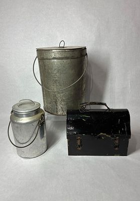 Cream Can and Tin Lunch Boxes. Large metal lunch box is 10.5 inches tall with tight fitting lid 
