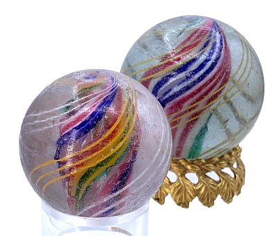 Pair Large Antique German Ribbon Core Swirl Shooter Art Glass Oversize Toy Marbles. 2 1/8" and 1 
