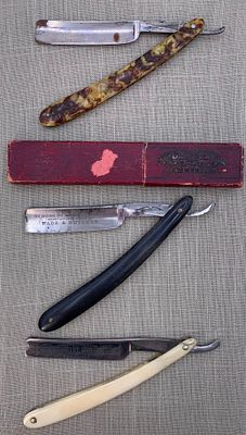 3 Antique Wade & Butcher, Geo Wostenholm & Son, J R Torrey Co Shaving Straight Razors. 1) Etched 