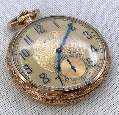 Outstanding c1925 ELGIN 12s Open Face10k Gold Filled Wadsworth Case Pocket Watch in Velvet Case. 