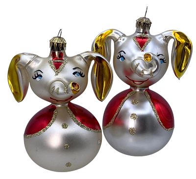 Pair Italian De Carlini Blown Glass Elephant Christmas Tree Holiday Ornaments. Each adorable 