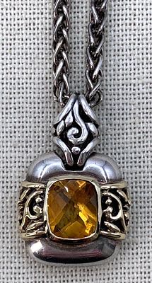 14k Gold and Sterling Silver Citrine Gemstone Pendant on Woven 925 Italian Chain. Luminous 