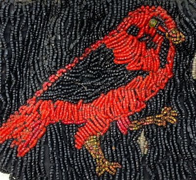 Antique Faceted Hand Sewn Glass Bead Red Bird Hinged Frame Purse. 4 panel hinged frame, link 