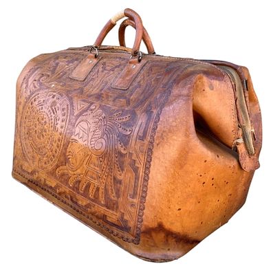 Large Vintage Hand Tooled Mayan Calendar, Aztec Warrior, Mexican Duffel, Stamped Leather Travel Bag