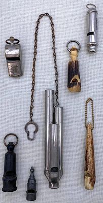 7 Antique to Vintage Railroad, Carved Antler, Early Guttapercha, Brass and Metal Whistles. 1 