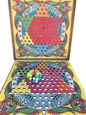 c1938 Double Faced Chinese Checkers Wood Framed Board Game, Vintage Board and Glass Marble Markers. 