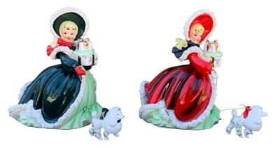 2 Mid Century NAPCO Christmas Shopping Girl Figurines Walking their Poodle Pups Holiday Decorations