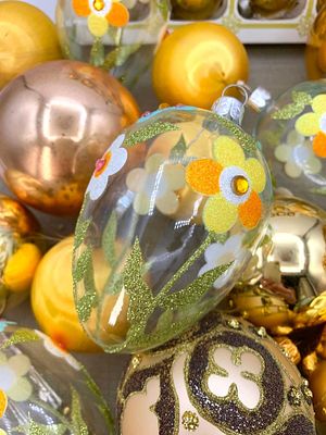 34 pc Vintage Christmas Ornament Collection. Glittered glass, spun lemon yellow satin and golden 