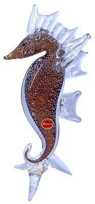 Large Murano Silver Speckled Amber and Clear Crystal Seahorse Art Glass Sculpture. 11 3/8" x 5 