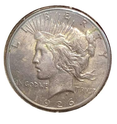 1926 S Silver Peace Dollar US Coin. Cased in a coin sleeve as shown, good definition and patina 