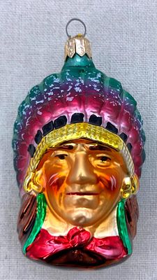 RADKO Mercury Glass Indian Chief Christmas Tree Ornament. RADKO cap, vibrantly hued, no 